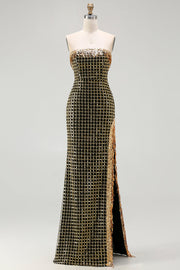 Robe de soirée noire dorée scintillante sans bretelles perlée avec fente
