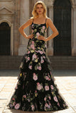 Robe de bal longue de bal à paillettes fleur rose noire et dentelle dans le dos