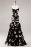 Robe de bal longue de bal à paillettes fleur rose noire et dentelle dans le dos