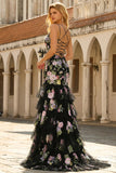 Robe de bal longue de bal à paillettes fleur rose noire et dentelle dans le dos