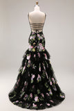 Robe de bal longue de bal à paillettes fleur rose noire et dentelle dans le dos