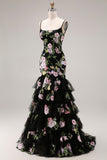 Robe de bal longue de bal à paillettes fleur rose noire et dentelle dans le dos