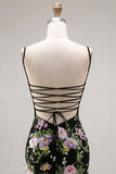 Robe de bal longue de bal à paillettes fleur rose noire et dentelle dans le dos