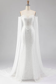 Robe de soirée longue sirène blanche à perles avec paillettes et cape