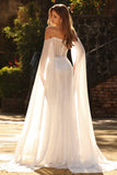 Robe de soirée longue sirène blanche à perles avec paillettes et cape