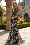 Robe longue de bal noire à fleurs à une épaule avec traîne