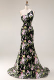 Robe longue de bal noire à fleurs à une épaule avec traîne