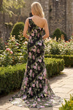 Robe longue de bal noire à fleurs à une épaule avec traîne