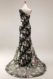 Robe longue de bal noire à fleurs à une épaule avec traîne