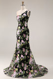 Robe longue de bal noire à fleurs à une épaule avec traîne