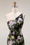Robe longue de bal noire à fleurs à une épaule avec traîne