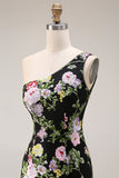 Robe longue de bal noire à fleurs à une épaule avec traîne
