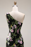 Robe longue de bal noire à fleurs à une épaule avec traîne