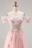 Robe de bal longue corset transparent perlée à la ligne A rose et à paillettes