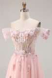 Robe de bal longue corset transparent perlée à la ligne A rose et à paillettes