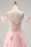 Robe de bal longue corset transparent perlée à la ligne A rose et à paillettes