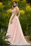 Ligne rose A perlée sur l’épaule, corset transparent et longue robe de bal avec paillettes