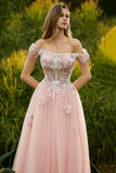 Ligne rose A perlée sur l’épaule, corset transparent et longue robe de bal avec paillettes