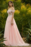 Ligne rose A perlée sur l’épaule, corset transparent et longue robe de bal avec paillettes