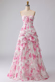 Robe de bal de promo plissée plissée en fleurs blanches fleur fuchsia avec volants