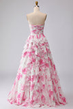 Robe de bal de promo plissée plissée en fleurs blanches fleur fuchsia avec volants