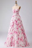 Robe de bal de promo plissée plissée en fleurs blanches fleur fuchsia avec volants