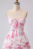 Robe de bal de promo plissée plissée en fleurs blanches fleur fuchsia avec volants