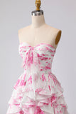 Robe de bal de promo plissée plissée en fleurs blanches fleur fuchsia avec volants