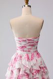 Robe de bal de promo plissée plissée en fleurs blanches fleur fuchsia avec volants