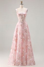 Robe de soirée longue rose en sequins brodée de motifs floraux bustier