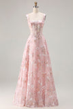 Robe de soirée longue bustier rose brodée de fleurs et paillettes