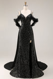 Robe de bal longue de bal à paillettes noires à épaules froides