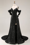 Robe de bal longue de bal à paillettes noires à épaules froides
