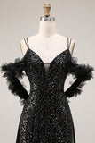 Robe de bal longue de bal à paillettes noires à épaules froides