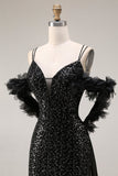 Robe de bal longue de bal à paillettes noires à épaules froides