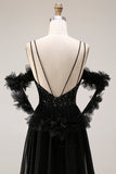Robe de bal longue de bal à paillettes noires à épaules froides