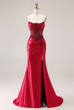 Robe de bal de bal en satin en satin en bordeaux bordeaux et corset de bal, fente