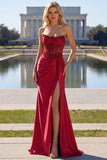 Robe de bal de bal en satin en satin en bordeaux bordeaux et corset de bal, fente