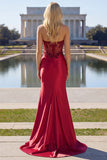 Robe de bal de bal en satin en satin en bordeaux bordeaux et corset de bal, fente