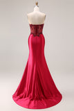Robe de bal de bal en satin en satin en bordeaux bordeaux et corset de bal, fente