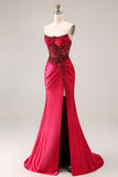 Robe de bal de bal en satin en satin en bordeaux bordeaux et corset de bal, fente
