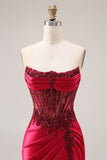 Robe de bal de bal en satin en satin en bordeaux bordeaux et corset de bal, fente