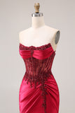 Robe de bal de bal en satin en satin en bordeaux bordeaux et corset de bal, fente