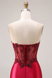 Robe de bal de bal en satin en satin en bordeaux bordeaux et corset de bal, fente
