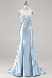 Robe de soirée longue sirène bleue en satin à décolleté cœur convertible avec traîne fluide