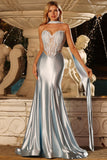 Robe de bal longue en satin en deux pièces avec corset sirène bleue et foulard