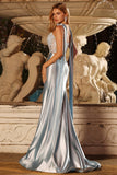 Robe de bal longue en satin en deux pièces avec corset sirène bleue et foulard