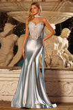 Robe de bal longue en satin en deux pièces avec corset sirène bleue et foulard