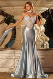 Robe de bal longue en satin en deux pièces avec corset sirène bleue et foulard