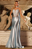 Robe de bal longue en satin en deux pièces avec corset sirène bleue et foulard